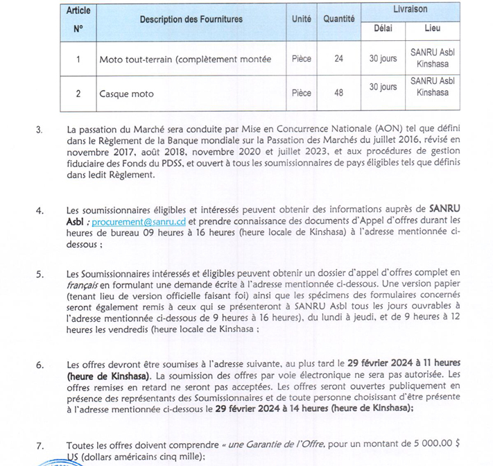 Appel d'offre : Acquisition de Motos et Équipements pour le Groupement SANRU – FDSS – ICHESS – FONLIV