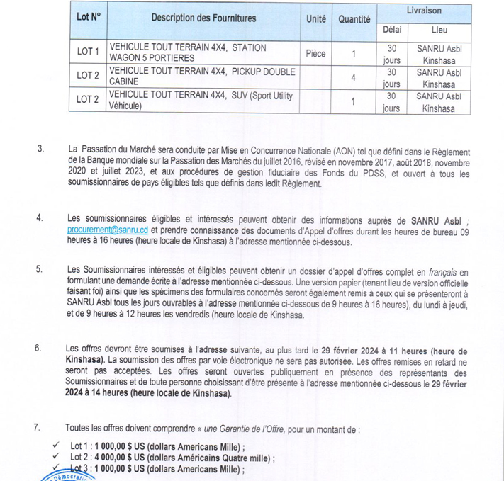 Appel d'offre : Véhicules Utilitaires pour le Projet Multisectoriel de SANRU - FDSS - ICHESS - FONLIV